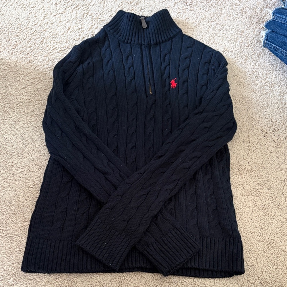 Ralph Lauren Navy Cable-Knit Half-Zip Sweater with Red Pony Logo